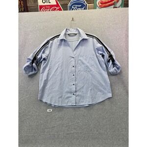 Zara‎ Basic Light Blue Chain Trim Roll Tab Sleeve Button Down Shirt Womens Large